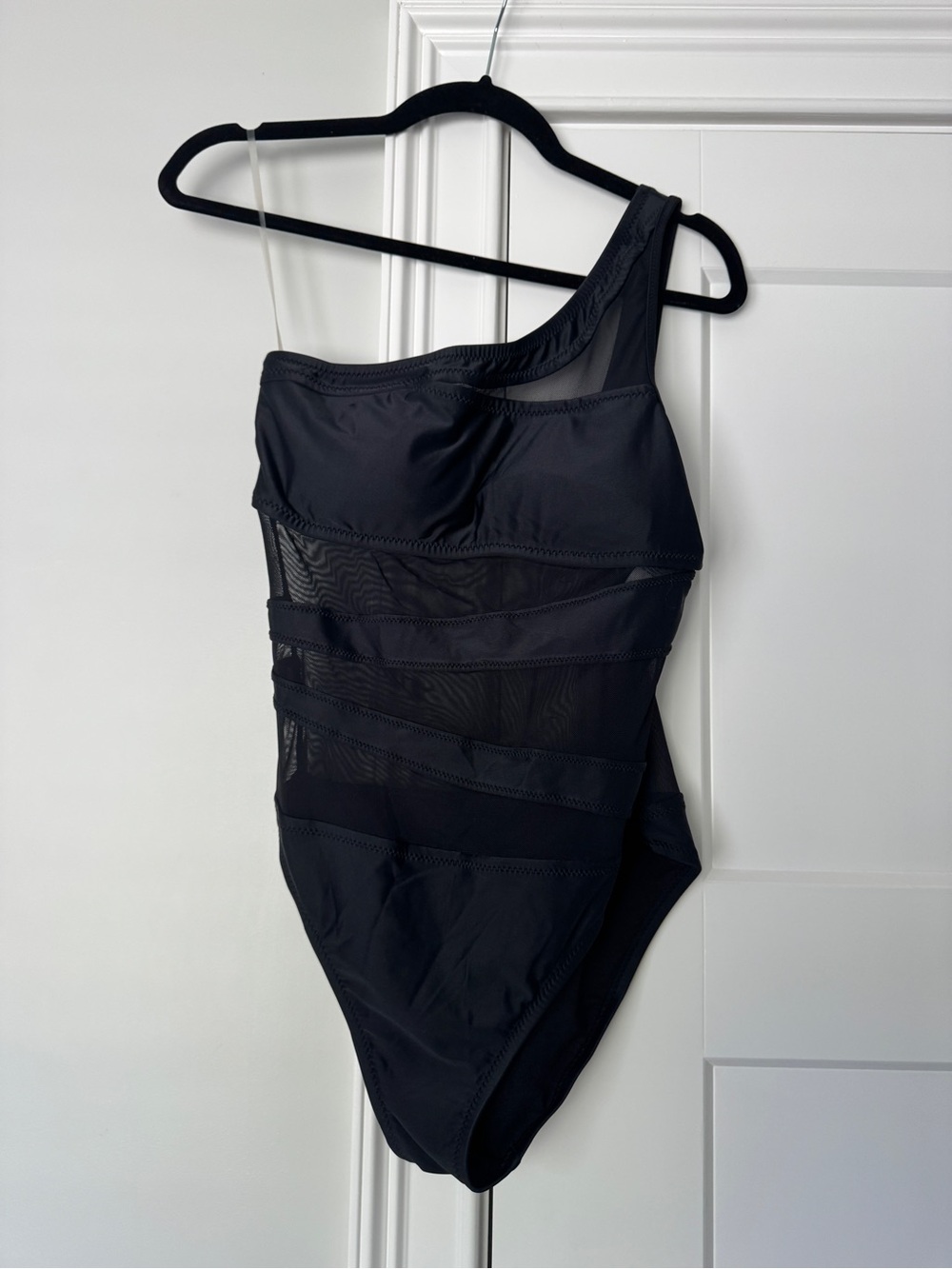 Shade & Shore Black One-Shoulder Mesh One-Piece Swimsuit